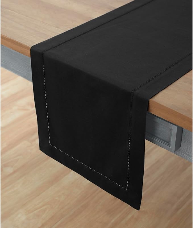 Solino Home Black Table Runner 36 Inches - Cotton Linen Hemstitch Coffee Table Runner 14 x 36 Inch Ideal for Dresser Tables - Winter, Holiday, Christmas, New Year