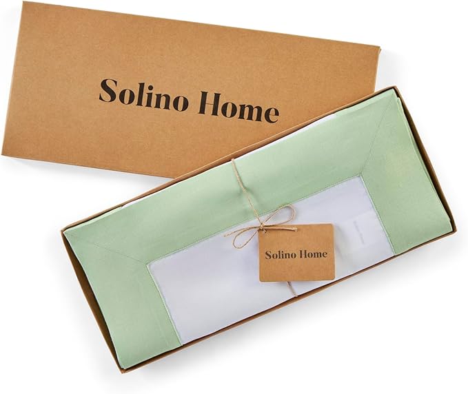 Solino Home Linen Table Runner 60 Inches - 100% Pure Linen Light Green and White Small Table Runner 14 x 60 Inch Ideal for Dresser and Coffee Tables - Contempo