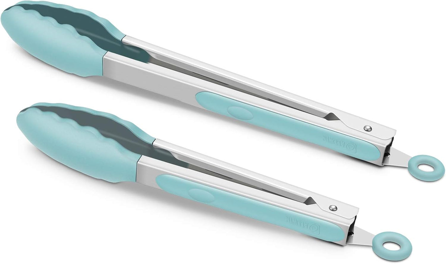 9-Inch & 12-Inch Cooking Tongs, Premium Silicone Set of 2 BPA Free Non-Stick Stainless Steel BBQ Grilling Locking Food Tong, Aqua Sky