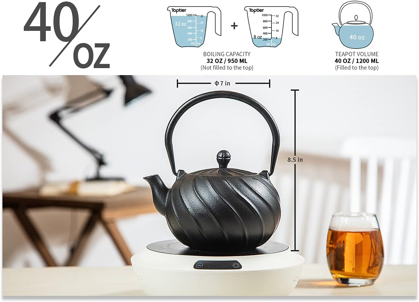 Stovetop Tea Kettle, TOPTIER Japanese Cast Iron Tea Kettle with Infuser for Loose Leaf and Tea Bags, Cast Iron Teakettle Coated with Enameled Interior for 40 oz (1200 ml), Midnight Black