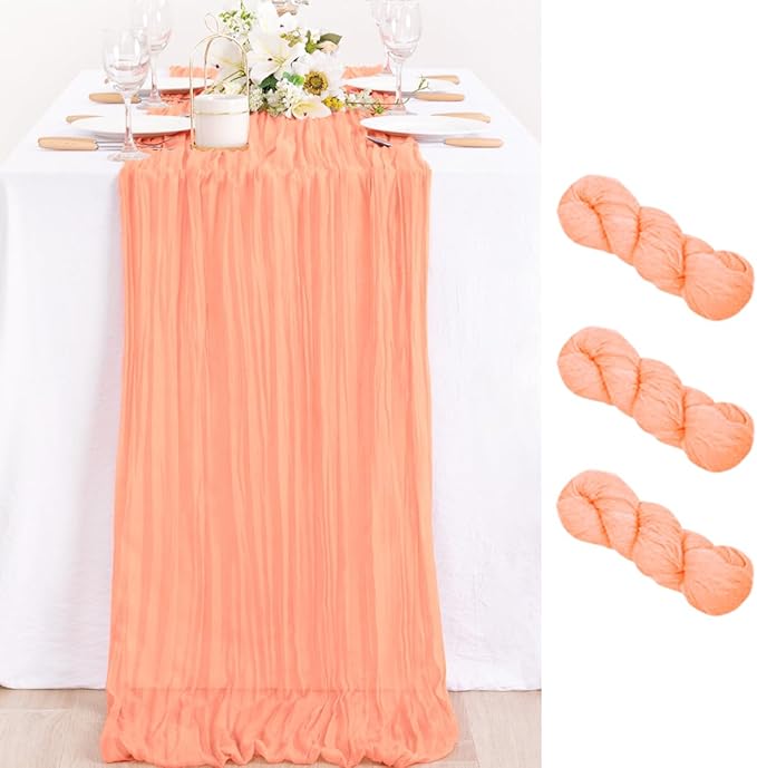 MLMC 3 Pack Peach Cheesecloth Table Runner 10ft Rustic Gauze Cheese Cloth Table Runner 35x120 Inches for Wedding Bridal Baby Shower Party Decor