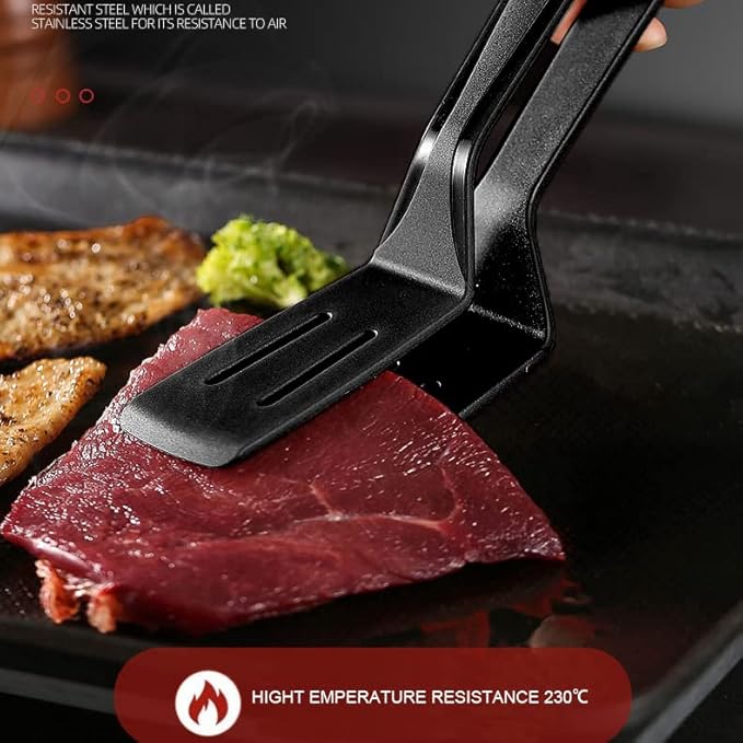 Mu&Ti Silicone Kitchen Tongs 2-in-1 11 In Premium Stainless Steel Barbecue Clamp Multipurpose BBQ Clamp Spatula for Gripper Bread Clip/Fried Steak Clamp/Flipping Fish/Beefsteak Flipper Two Set(Black)