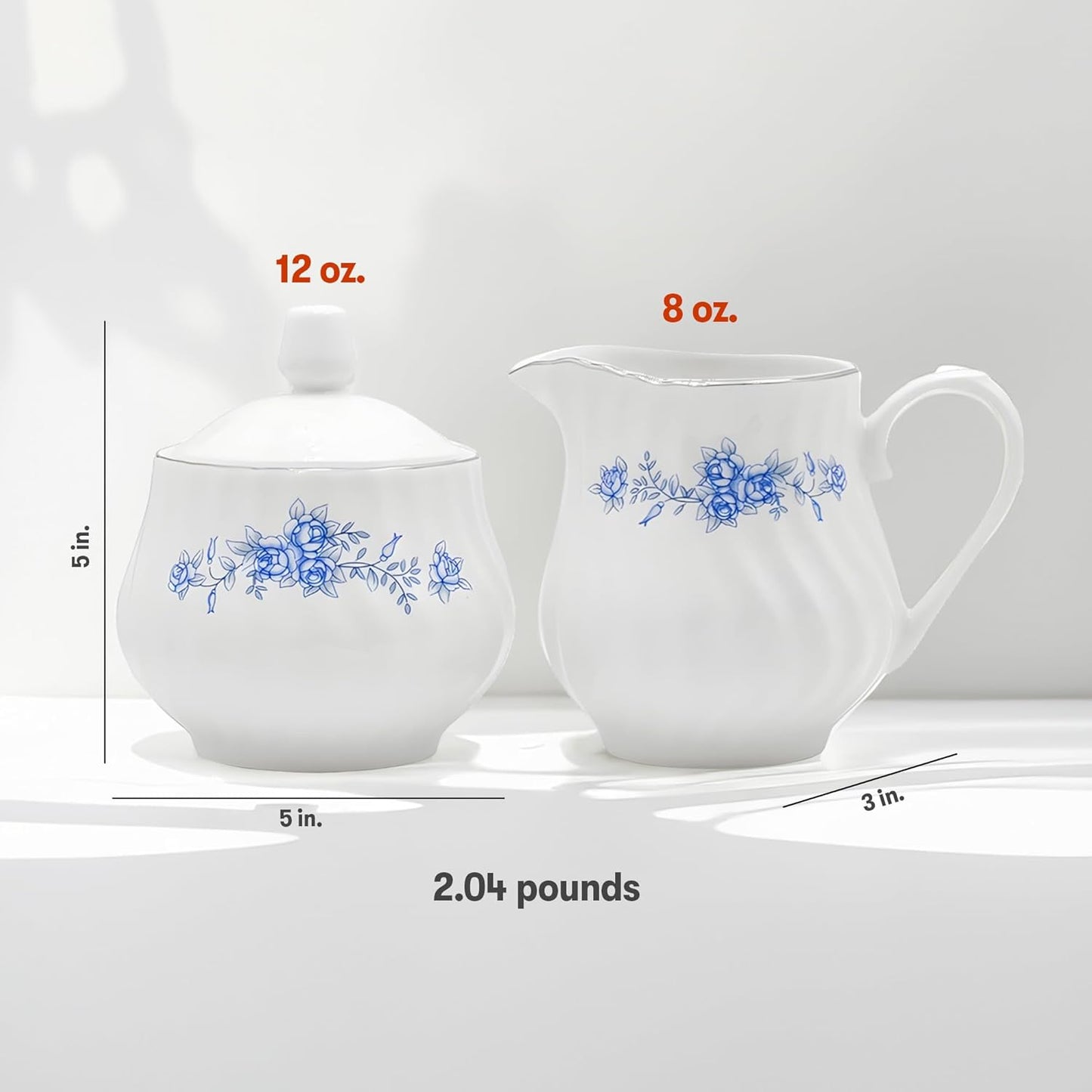 Sugar and Creamer Set - Porcelain Sugar and Creamer Floral Vintage Tea Set with Silver Trims & Embossed Swirls - Exquisite Fine China Tea Set for Parties & Celebrations - Royal Rose Set by Lynns