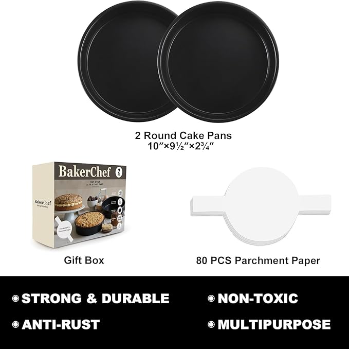 10 Inch Cake Pan Set of 2, Nonstick Round Cake Pans with 80 PCS Parchment Paper, Carbon Steel Layer Cake Baking Molds, Dishwasher Safe