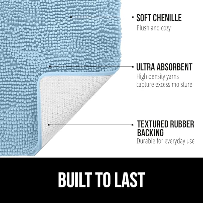 GORILLA GRIP Bath Rug Mat 30x20, Thick Soft Absorbent Chenille, Quick Dry Microfiber Mats, Rubber Backing Washable Shower Floor Rugs, US Designed Bathroom Bathmat Home Decor Accessories, Sky Blue