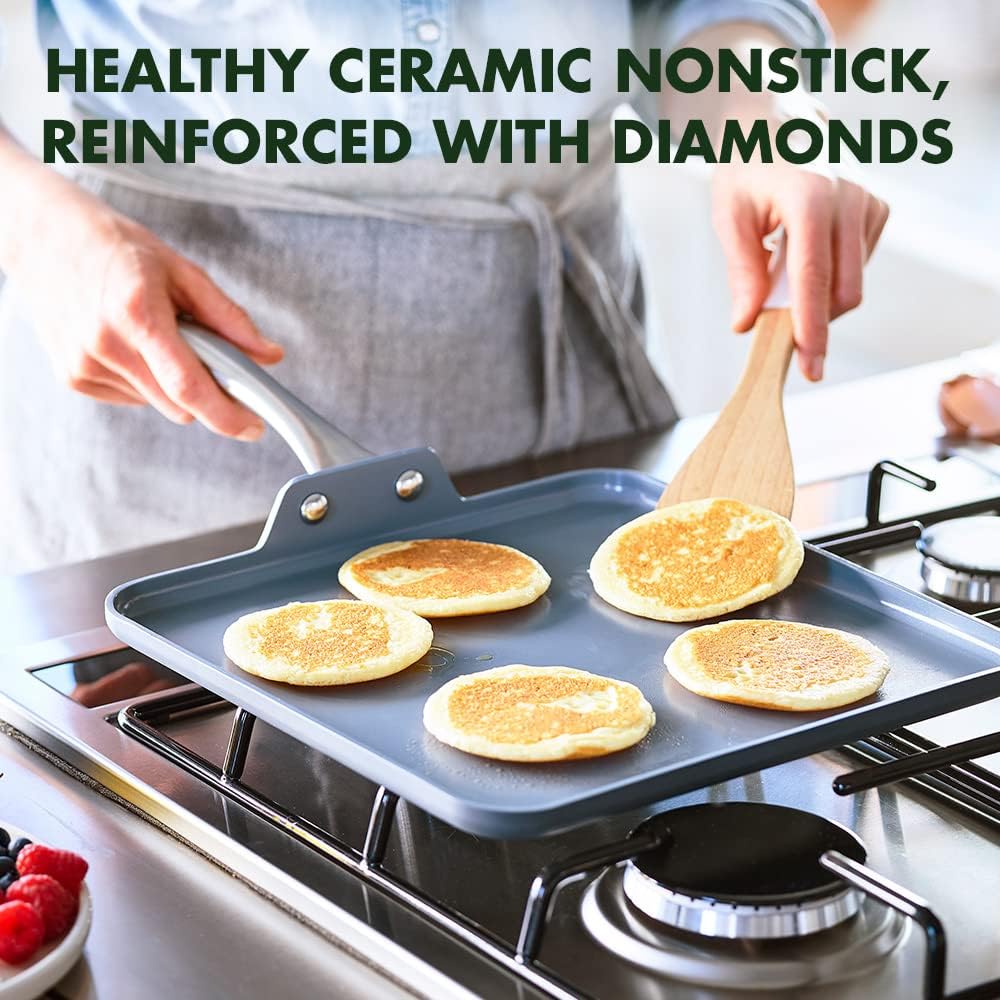 GreenPan Lima Hard Anodized 11” Square Griddle Pan, Ceramic Nonstick, PFAS-Free Nontoxic Pots and Pans, Oven & Broiler Safe, Stainless Steel Handle, Cookware for Eggs & Omelet, Gray