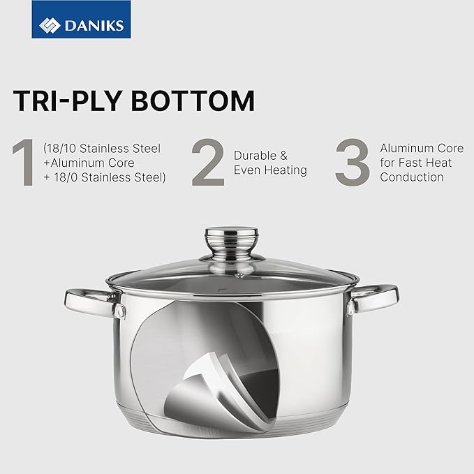 Daniks Standard 10 Quart Stainless Steel Stock Pot with Glass Lid, Try-Ply Bottom for Even Heating, Induction Compatible, Dishwasher Safe, Built-In Measuring Scale, Silver