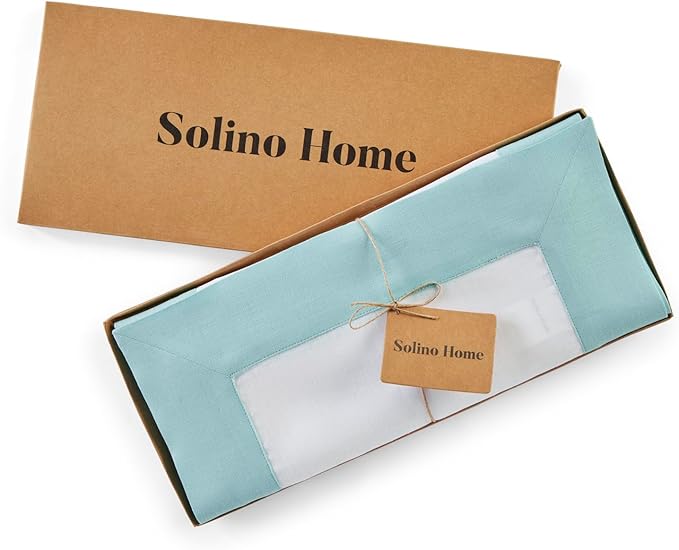 Solino Home Linen Table Runner 60 Inches - 100% Pure Linen Aqua Blue and White Short Table Runner 14 x 60 Inch Ideal for Dresser and Coffee Tables - Contempo