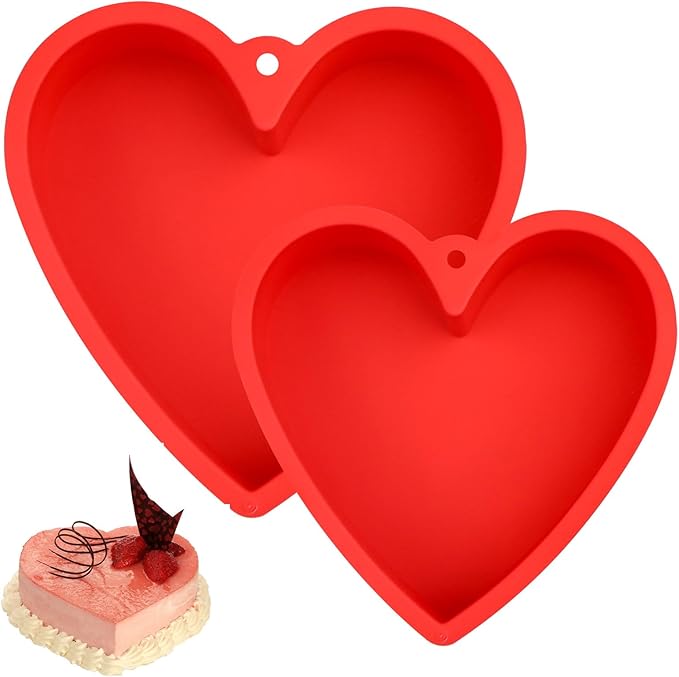 2Pcs Heart Shaped Cake Pans, 8 & 10 inch Heart Cake Pans Silicone Cake Mold with Hanging Hole, Reusable Baking Pans for Valentine's Day