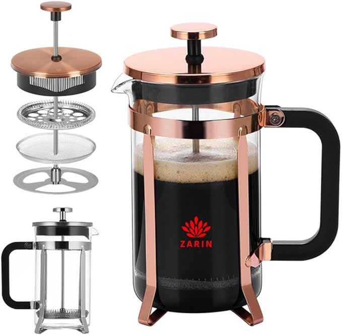 ZARIN 34oz (1L) French Press Coffee & Tea Maker – Durable Borosilicate Glass & Stainless Steel Press with 2 Bonus Filters – Portable Cold Brew Cafetière [Available in Silver Only]