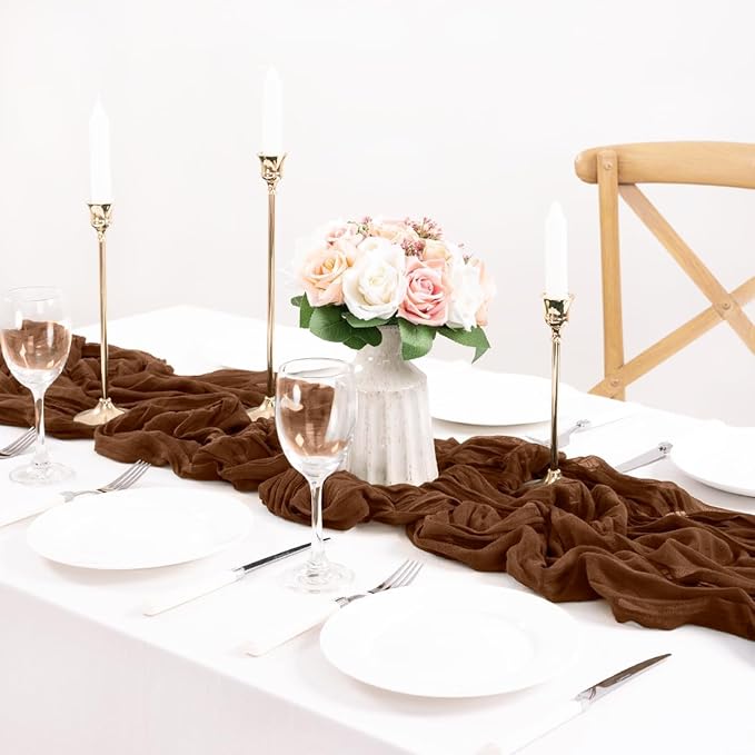 MLMC Brown Cheesecloth Table Runner 10ft Boho Rustic Gauze Coffee Cheese Cloth Table Runner Neutral Centerpiece Decor 35x120 Inches for Wedding Farmhouse Reception Home Decor