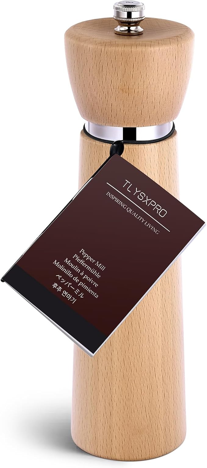 Wooden Pepper Grinder – Refillable Pepper Mill with Adjustable Upgraded Large Size Ceramic Burr – Manual Salt Grinder with Beech Wood Body – 8.3” Tall