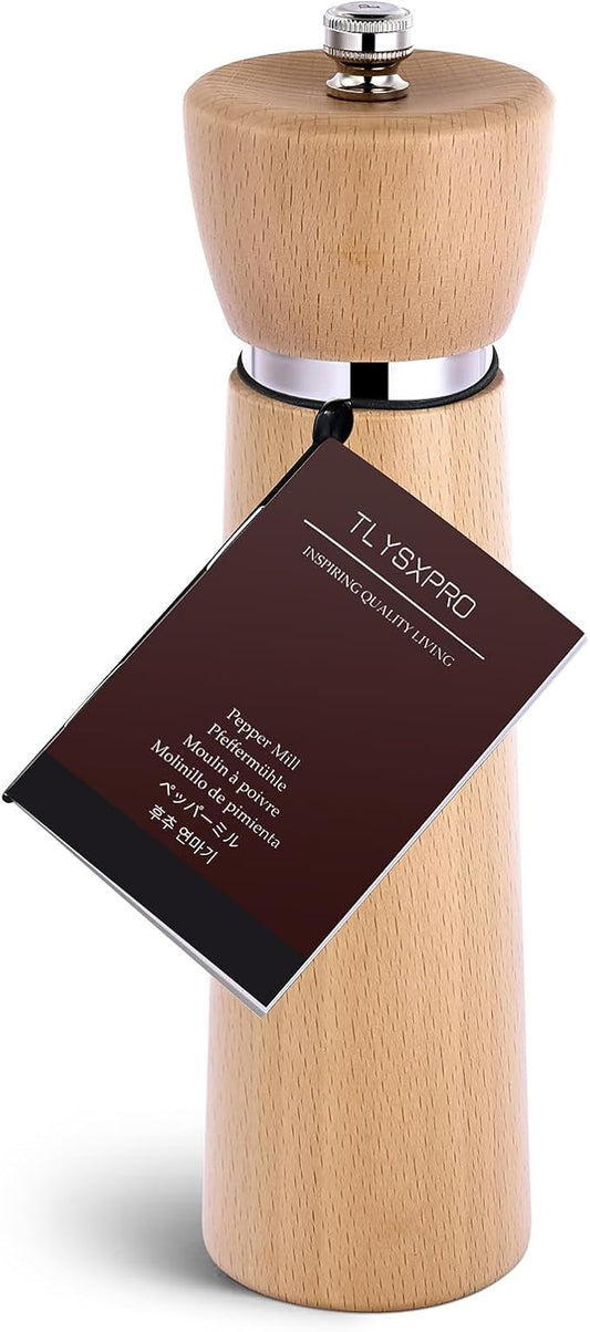 Wooden Pepper Grinder – Refillable Pepper Mill with Adjustable Upgraded Large Size Ceramic Burr – Manual Salt Grinder with Beech Wood Body – 8.3” Tall