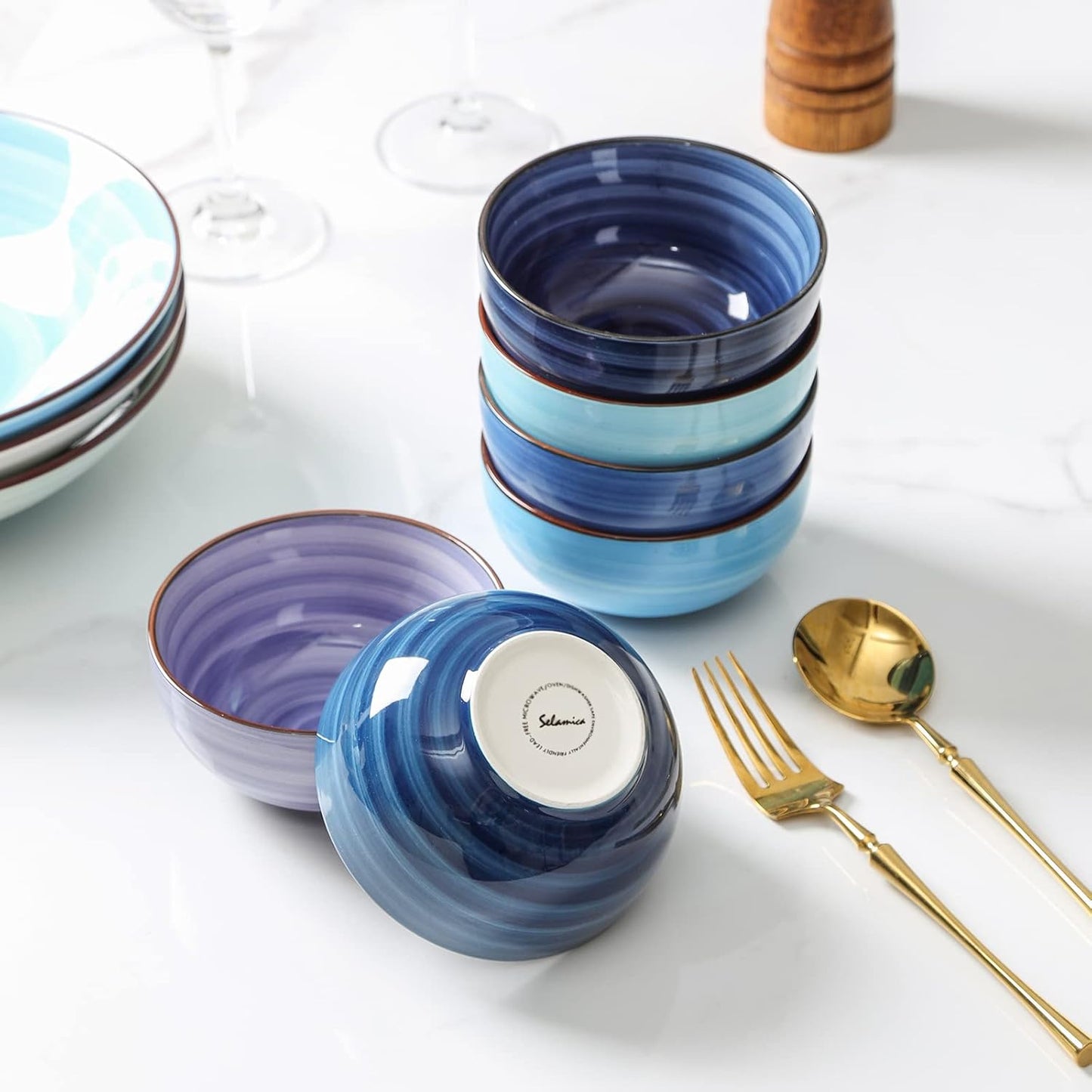Selamica Ceramic Mini Bowls, 4 OZ Dipping Bowls, 3.5 Inch Gradient Blue Set of 6, Microwave & Dishwasher Safe