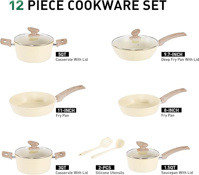 MAISON ARTS Pots and Pans Set Non Stick, Kitchen Cookware Sets Nonstick, 12 Piece Granite Cooking Pot and Pan for Induction, Stovetop, Beige