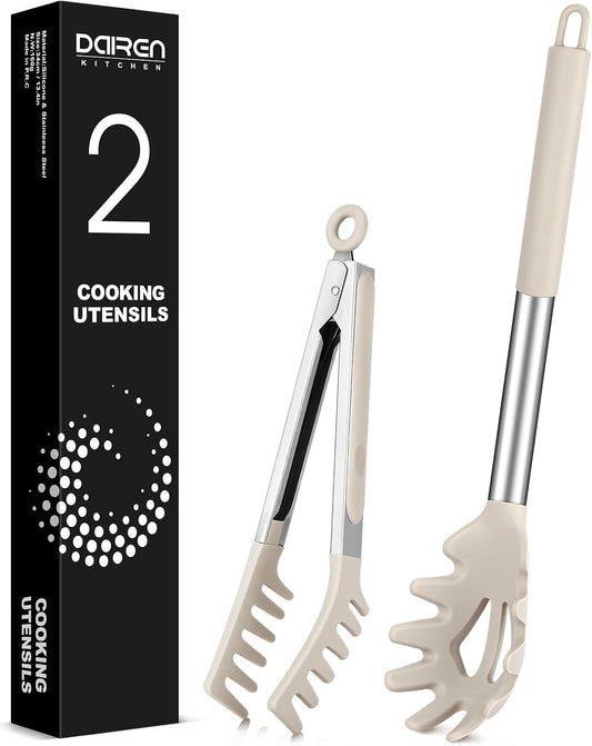 Spaghetti Spoon and Pasta Tong, Non-stick Silicone Spoon Server Fork with teeth and Stainless Steel Handle Spaghetti Tong, Food Clip for Spaghetti Noodle (KHAKI)