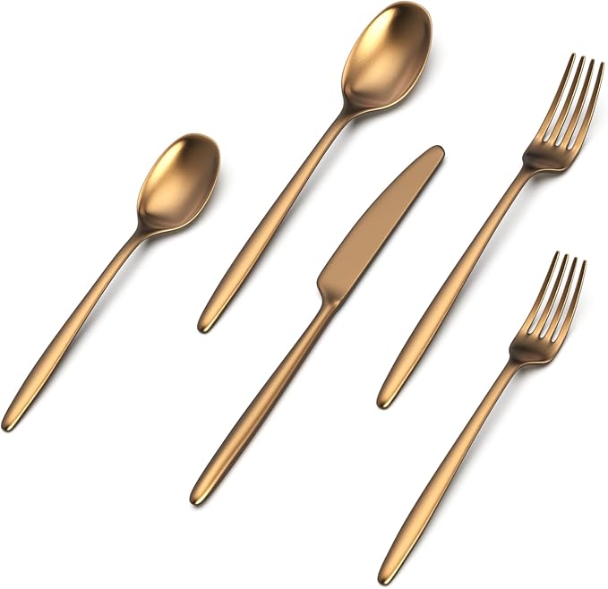 JazzUpCo Ava Flatware Flatware non toxic 18/10 stainless steel dishwasher safe (Matte Gold, 4 Person Set (20 Pieces))