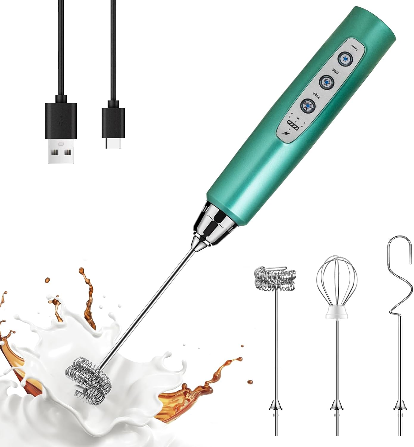 YUSWKO Green Handheld Milk Frother Wand for Coffee, Rechargeable Electric Whisk with 3 Heads 3 Speeds Drink Mixer Coffee Frother For Latte, Cappuccino, Hot Chocolate, Egg