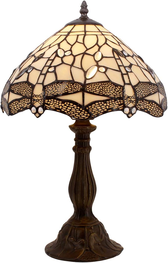 WERFACTORY Tiffany Lamp Cream Stained Glass Dragonfly Bedside Table Lamp Desk Reading Light 12X12X18 Inches Decor Bedroom Living Room Home Office S139 Series