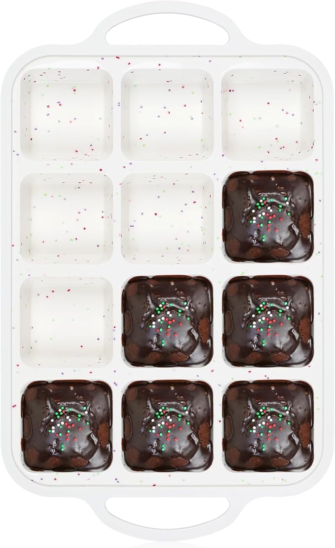 Vinino Silicone Brownie Pan With Dividers, 1 Pack Mini Loaf Pan for Baking Individual, Nonstick 12 Cups Square Muffin Cupcake Pans with Metal Reinforced Frame-Cream