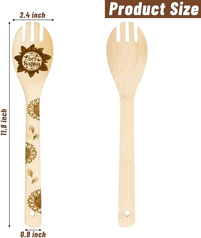 Eartim Sunflower Wooden Spoon Utensils - 5Pcs Summer Sunflower Theme Kitchen Cooking Utensil Set Natural Non-Stick Carve Burned Bamboo Cooking Spoon Slotted Spatulas Kitchen Tool Birthday Wedding Gift