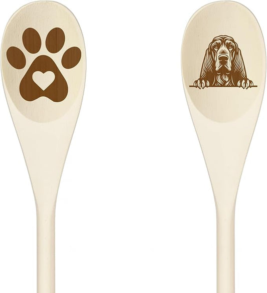 Decorative Wooden Spoons with Peeking Dog Designs, Paw Print and Dog Head, Kitchen Utensils Set of 2 (BLOODHOUND)