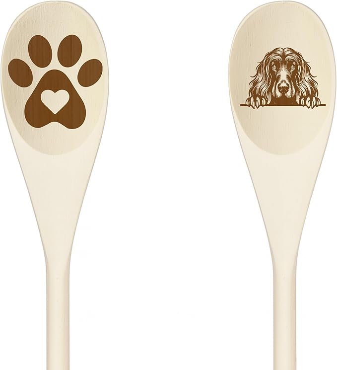 Decorative Wooden Spoons with Peeking Dog Designs, Paw Print and Dog Head, Kitchen Utensils Set of 2 (AFGHAN HOUND)
