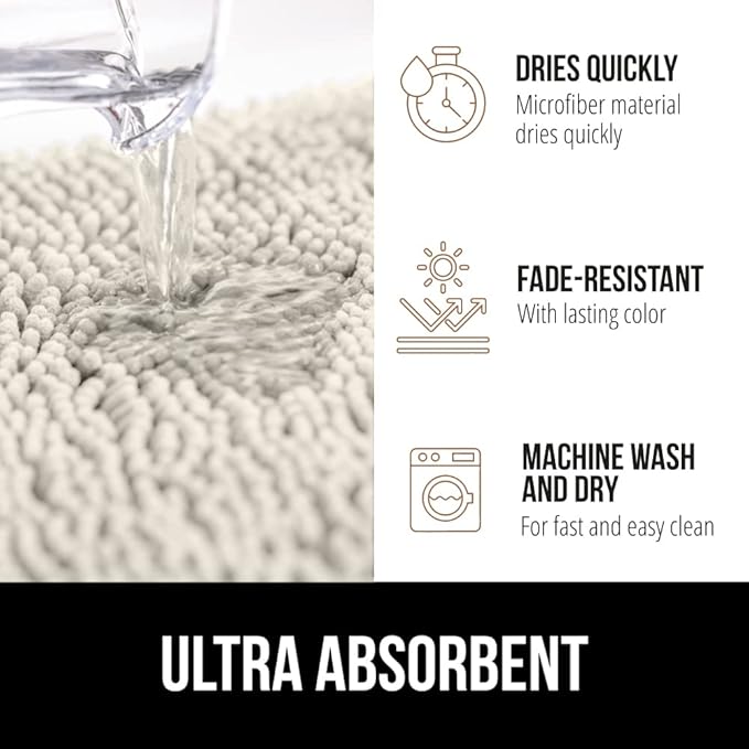 GORILLA GRIP Bath Rug Mat 44x26, Soft Absorbent Chenille, Quick Dry Microfiber Mats, Rubber Backing Washable Shower Floor Rugs, Bathmat Runner, US Designed Bathroom Home Decor Accessories Ivory Cream