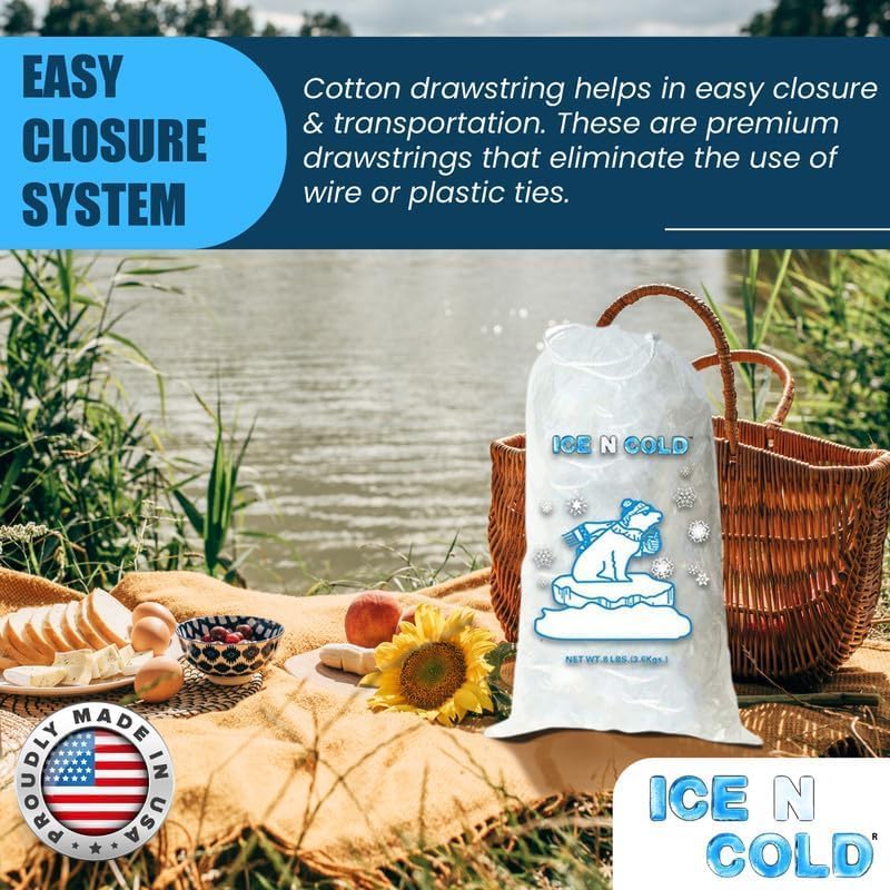 Ice Bags with Drawstring Closure | 10lb, 600ct/cs | 41 mic Thickness | Portable Storage and Freezer Keeper