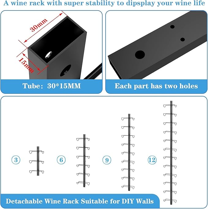 2 Pack 12 Bottle Wall Wine Rack for 24 Wine Bottles, DIY Detachable Wall Mount Wine Rack, Wine Storage Organizer Display Holder Used As One or Four, for Kitchen, Dining Room, Bar, Wine Cellar