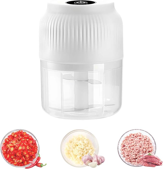 Electric Garlic Chopper, Mini Portable Veggie Chopper, 300ML Cordless Garlic Grinder Onion Masher, Food Processor for Ginger Chili Fruit Meat (White)