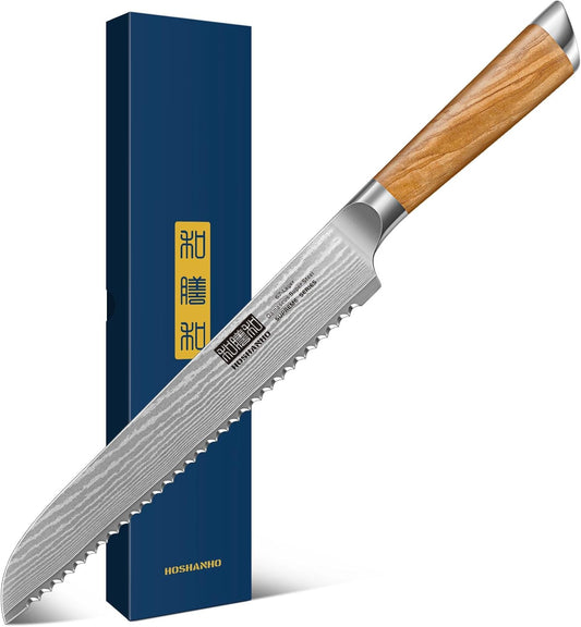 Bread Knife 8 Inch, Damascus Steel Bread Kitchen Knife with Ergonomic Olive Wood Handle, Professional Ultra-Sharp Serrated Knife for Homemade Bread, Sourdough Bread Cutting