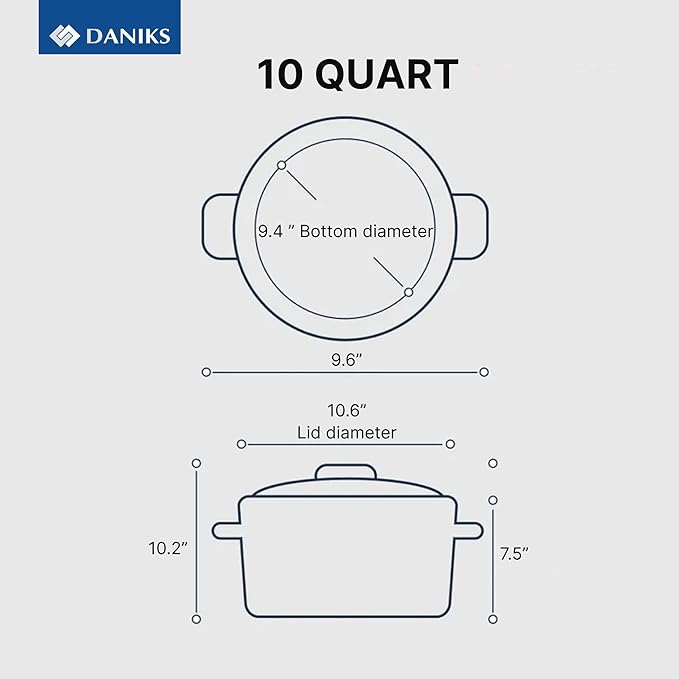 Daniks Standard 10 Quart Stainless Steel Stock Pot with Glass Lid, Try-Ply Bottom for Even Heating, Induction Compatible, Dishwasher Safe, Built-In Measuring Scale, Silver
