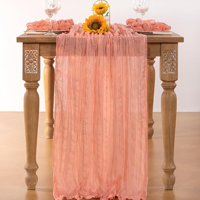 Coral Pink Cheesecloth Table Runner Christmas Table Runner Boho Gauze 120 Inches Coral Cheese Cloth Table Decor for Xmas Holiday Season Parties Wedding Bridal Baby Shower