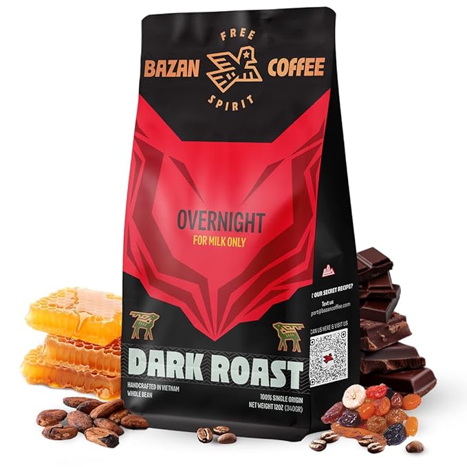 BAZAN COFFEE Vietnamese Strong Coffee, Premium Robusta & Arabica Ground, Full-Bodied Dark Roast, Smooth & Low Acidity, Ideal for Milk Drinks & Home Baristas, Bold Espresso Flavor, 12oz Bag, Overnight Blend