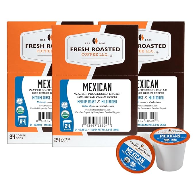 Fresh Roasted Coffee, Organic Mexican Water-Processed Decaf | USDA Organic, 100% Single Origin, Kosher | Medium Roast 72 Pods for K Cup Brewers
