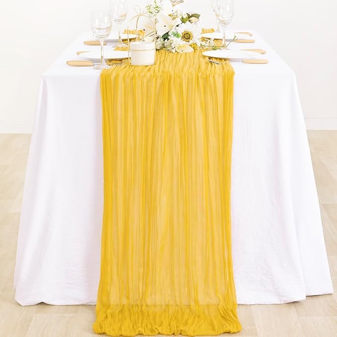 MLMC Gold Table Runner Rustic Gauze Cheesecloth Table Runner 13.3ft Winter Decor Cheese Cloth Table Decoration 35x160 Inches for Party Family Gatherings Home Decor