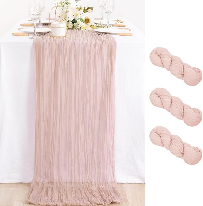 MLMC 3 Pack Pink Table Runner Dusty Pink Cheesecloth Table Runner 10ft Rustic Gauze Cheese Cloth Centerpiece Winter Decor 35x120 Inches for Wedding Bridal Baby Shower Birthday Party Decor