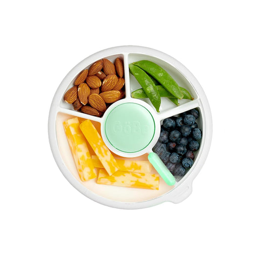 GoBe Kids Small Snack Spinner Slide Bundle with Hand Strap and Sticker Sheet - Reusable Snack Container with 5 Compartment Dispenser and Lid | BPA/PVC Free | Dishwasher Safe | No Spill