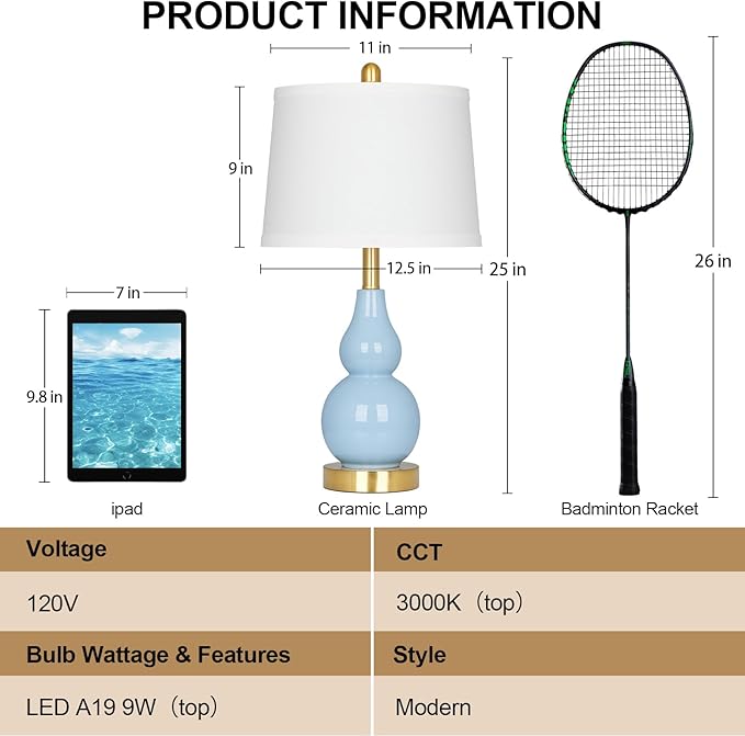 25" Modern Ceramic Table Lamps Set of 2, Blue Double Gourd Ceramic Lamps for Living Room, Coastal Farmhouse Rustic Bedside Nightstand Nautical Lamps for Bedrooms Home Office Dorm(2 LED Bulbs Included)