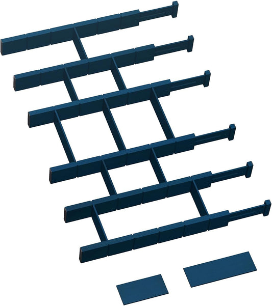 6 Pack Bamboo Drawer Dividers with 12 Inserts, Expandable Adjustable Clothes Drawer Organizers and Storage from 17" to 22" for Kitchen, Bedroom, Dresser, Cosmetics (Navy Blue)
