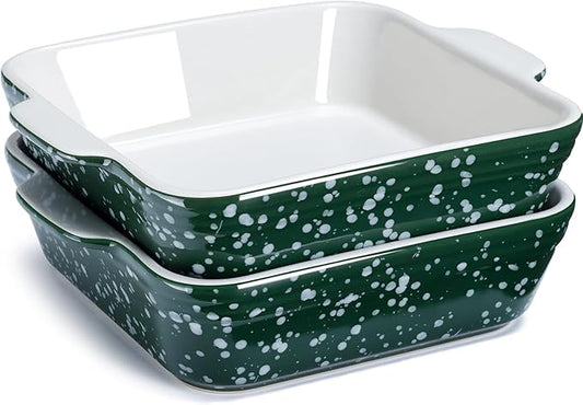 NUTRIUPS 13oz 5.9x5.9in Square Ceramic Baking Dish Set, 2-Pack Small Oven-Safe Baking Pan for Lasagna, Casserole - Bakeware for Baking & Serving (Green)