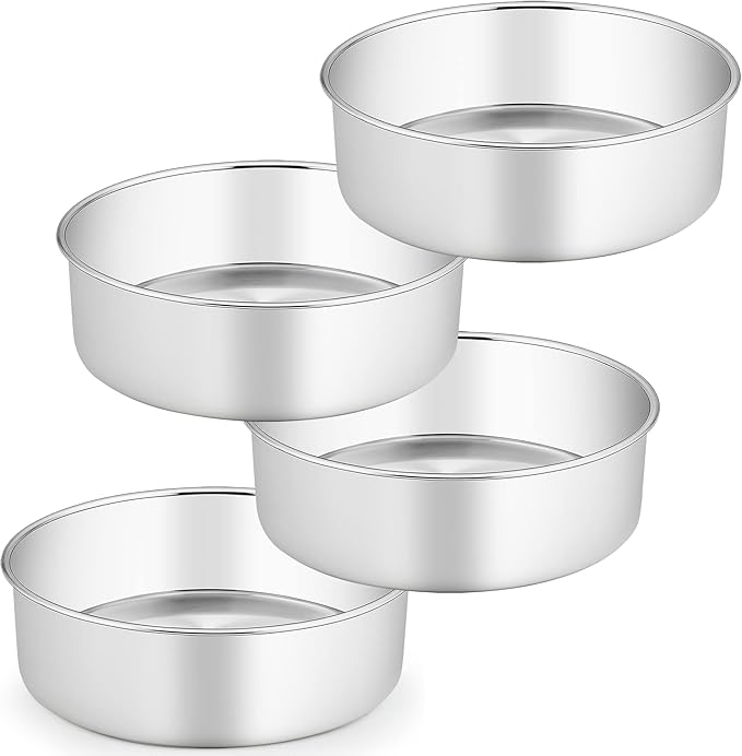 TeamFar Round Cake Pan, 8’’ x 3’’ Stainless Steel Layer Baking Cake Pan for Wedding Birthday, Fit Pots/Oven/Pressure Cooker, Healthy & Sturdy 3 Inch Deep & One Piece, Dishwasher Safe-4 PCS