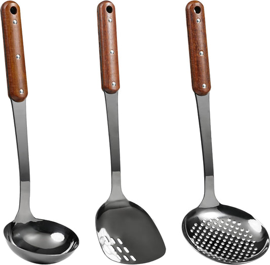 FJNATINH Stainless Steel Wok Spatula,Ladle,Skimmer Ladle Tool Set,Mirror Polished Cooking Utensils with Wooden Handle,Easy to Clean Wok Accessories,Black 3 PCS