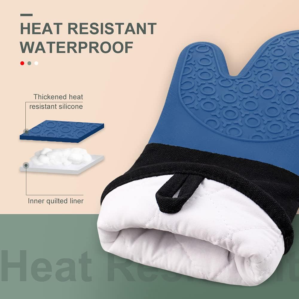 sungwoo Extra Long Silicone Oven Mitts, Heat Resistant Oven Gloves with Quilted Liner Non-Slip Textured Grip Perfect for BBQ, Baking, Cooking and Grilling - 1 Pair 14.6 Inch Royal Blue & Black