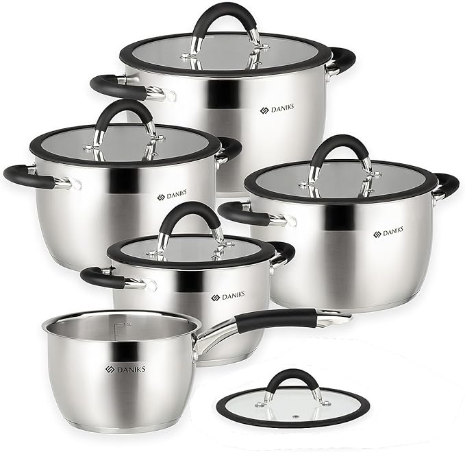 Daniks Orlando 10-Piece Stainless Steel Cookware Set with Glass Lids, Includes Saucepan, Tri-Ply Bases for Even Heating, Induction Compatible, Dishwasher Safe, Heatproof Handles