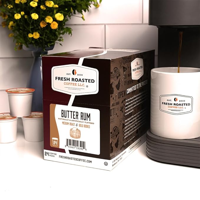 Fresh Roasted Coffee, Butter Rum, Flavored Coffee Pods, K-Cup Compatible, 24 Count