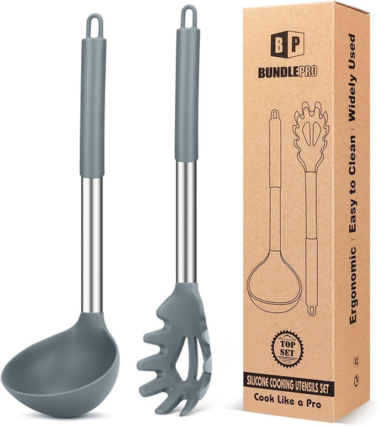 Silicone Pasta Fork and Ladle Spoon Set, Large Non Stick Kitchen Utensils for Cooking,Stirring,Serving Spaghetti, Soup, Sauce (GRAY)