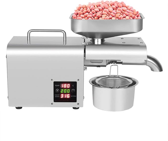 Oil Press Machine 610W Cold/Hot Press Oil Extractor Machine with Oil Cup, Funnel & Filter, 304 Stainless Steel Oil Press Machine, 3-6 kg/h Oil Press Speed, for Peanut Soybean Rapeseed Silver 110V