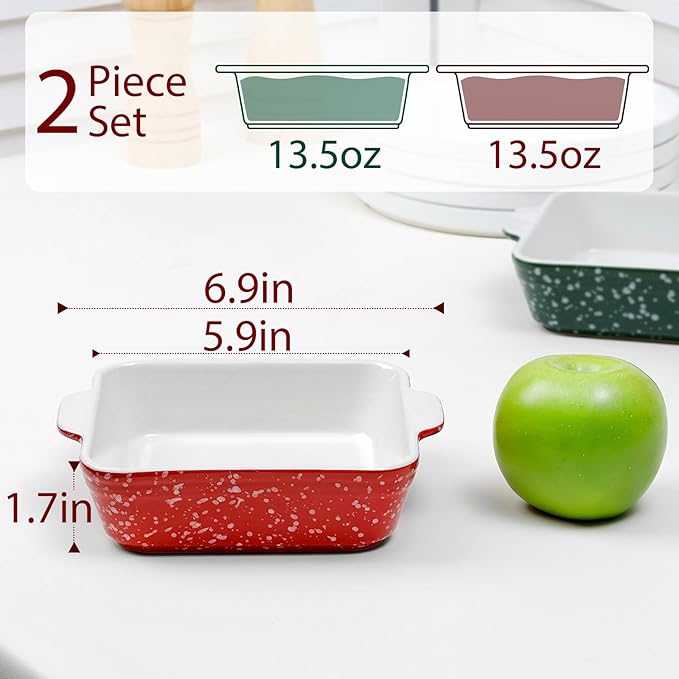 NUTRIUPS 13oz 5.9x5.9in Square Ceramic Baking Dish Set, 2-Pack Small Oven-Safe Baking Pan for Lasagna, Casserole - Bakeware for Baking & Serving (Red&Green)